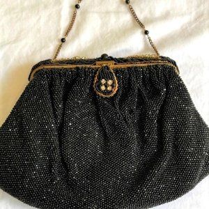 Black Micro Beaded Evening Bag w/ Rhinestones, Handmade in France - Vint…